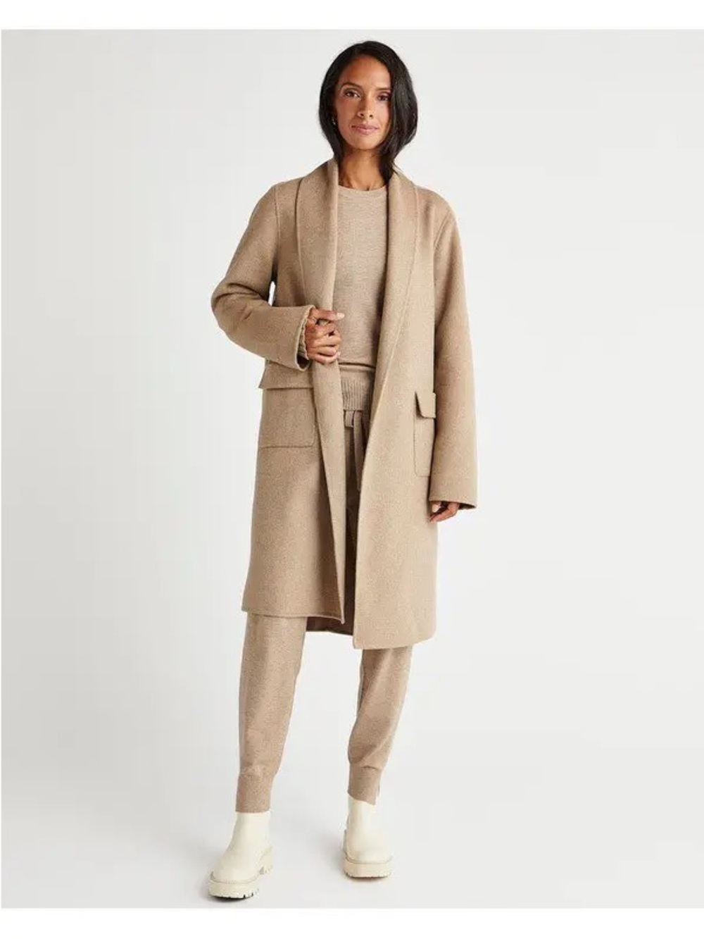 Splendid x Cella Jane Icon Shawl Collar Coat Medium Camel Tan Open Front